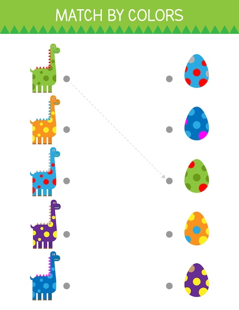 Match by colors educational game. Dinosaurs and eggs matching activity. Preschool worksheet