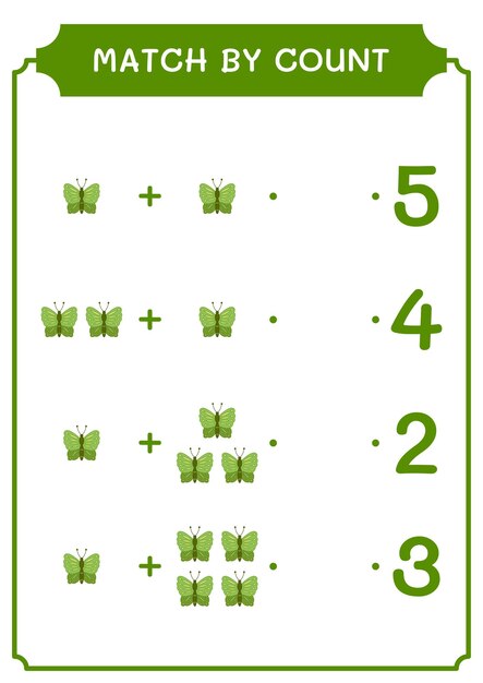 Match by count of butterfly game for children vector illustration printable worksheet