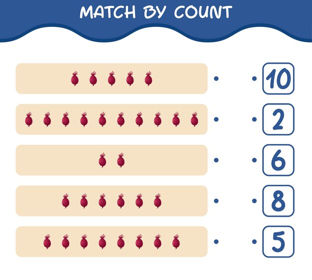 Match by count of cartoon beet. Match and count game. Educational game for pre shool years kids and toddlers