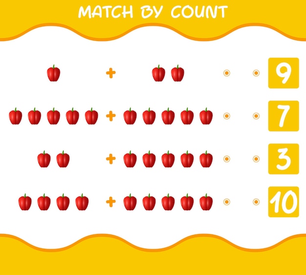 Match by count of cartoon bell pepper. Match and count game. Educational game for pre shool years kids and toddlers