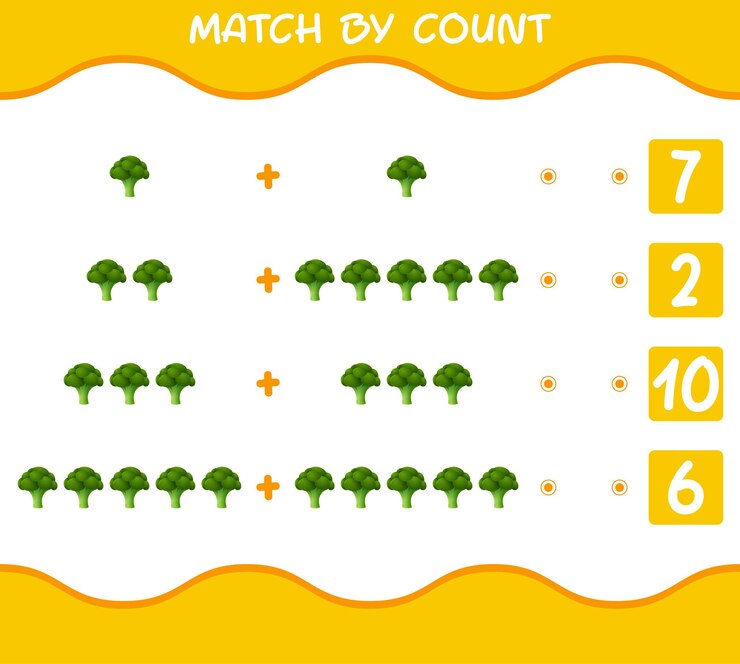 Vector match by count of cartoon broccoli. match and count game. educational game for pre shool years kids and toddlers