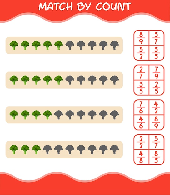 Match by count of cartoon broccoli. Match and count game. Educational game for pre shool years kids and toddlers