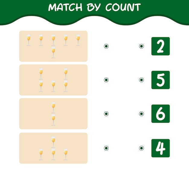 Match by count of cartoon champagne glass. Match and count game. Educational game for pre shool years kids and toddlers