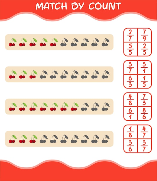 Match by count of cartoon cherry. Match and count game. Educational game for pre shool years kids and toddlers