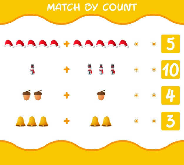 Match by count of cartoon christmas. . Match and count game. Educational game for pre shool years kids and toddlers