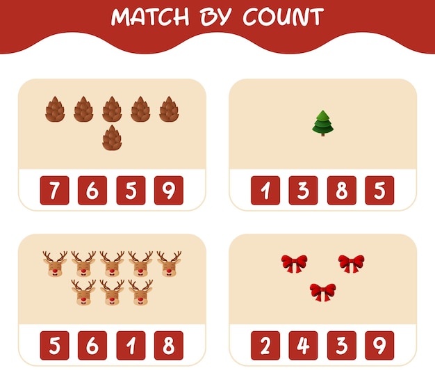 Match by count of cartoon christmas. . Match and count game. Educational game for pre shool years kids and toddlers