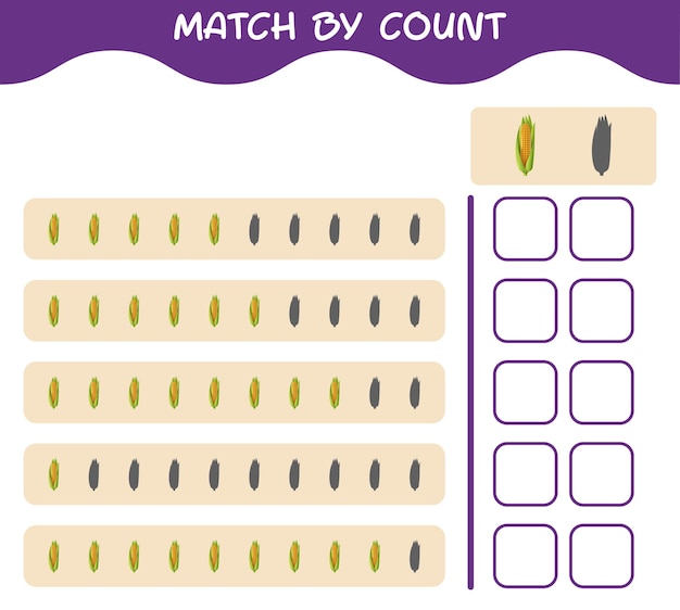 Match by count of cartoon corn. Match and count game. Educational game for pre shool years kids and toddlers