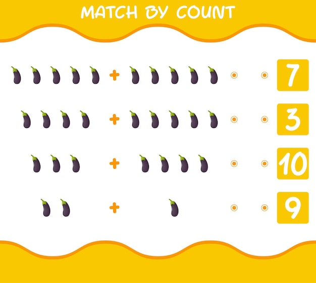 Match by count of cartoon eggplant. Match and count game. Educational game for pre shool years kids and toddlers