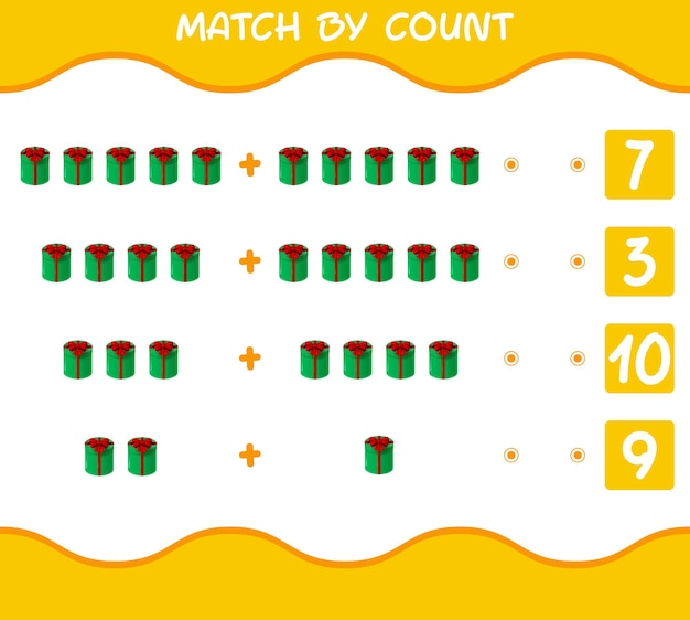 Match by count of cartoon gift box. Match and count game. Educational game for pre shool years kids and toddlers