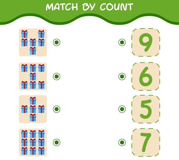 Match by count of cartoon gift box. Match and count game. Educational game for pre shool years kids and toddlers