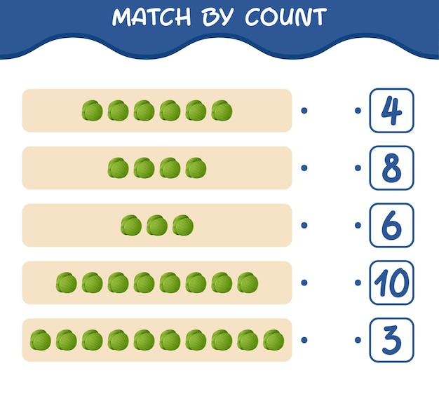 Match by count of cartoon green cabbage. Match and count game. Educational game for pre shool years kids and toddlers