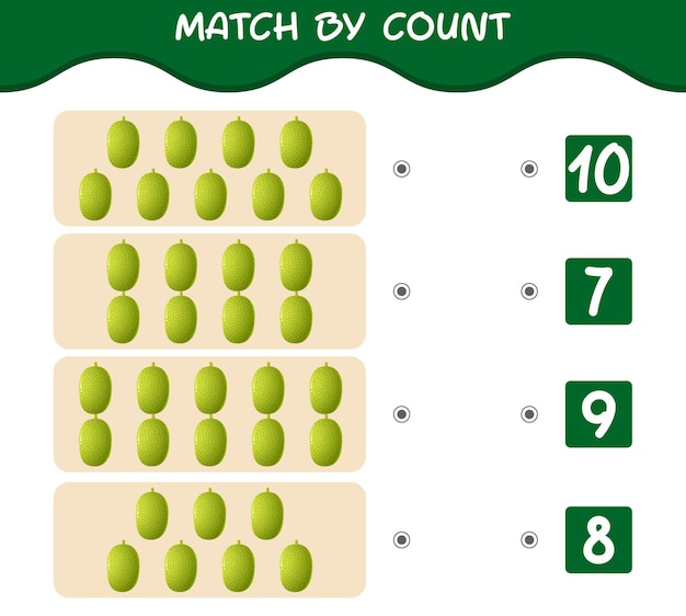 Match by count of cartoon jackfruits. Match and count game.  