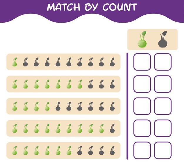 Match by count of cartoon kohlrabi. Match and count game. Educational game for pre shool years kids and toddlers