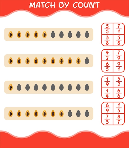 Match by count of cartoon papaya. Match and count game. Educational game for pre shool years kids and toddlers