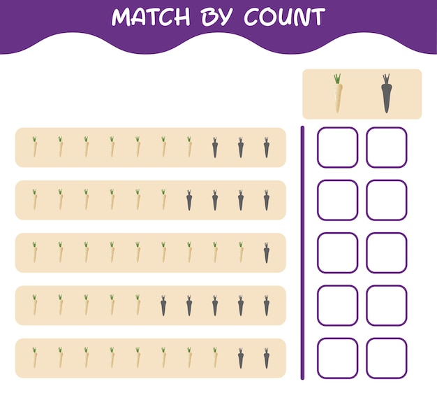 Match by count of cartoon parsnip. match and count game. educational game for pre shool years kids and toddlers