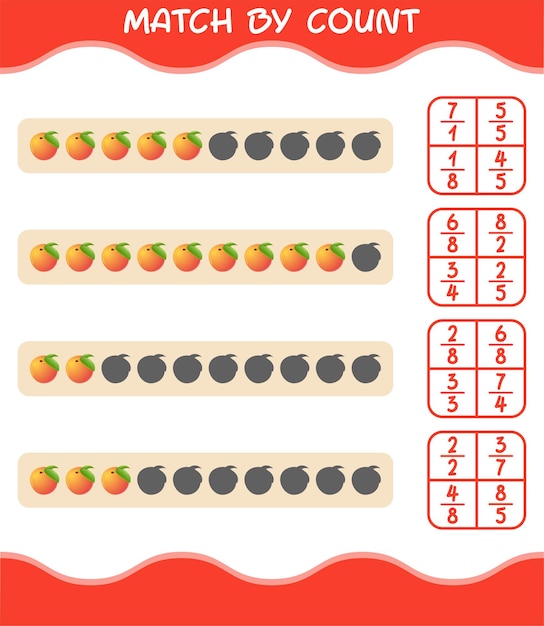Match by count of cartoon peach. Match and count game. Educational game for pre shool years kids and toddlers