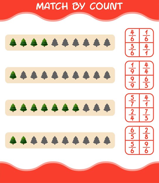 Match by count of cartoon pine tree. Match and count game. Educational game for pre shool years kids and toddlers