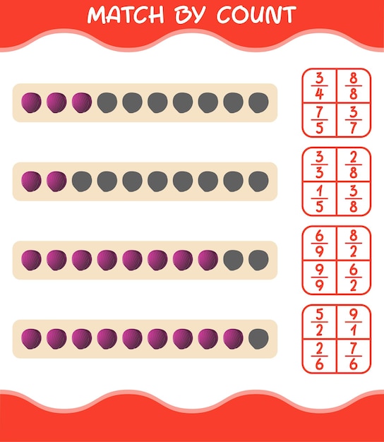 Match by count of cartoon red cabbage. Match and count game. Educational game for pre shool years kids and toddlers