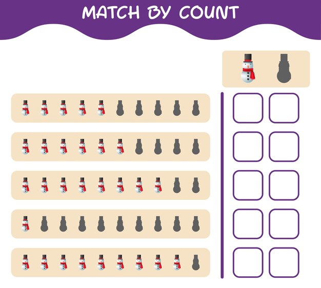 Match by count of cartoon snowman. Match and count game. Educational game for pre shool years kids and toddlers