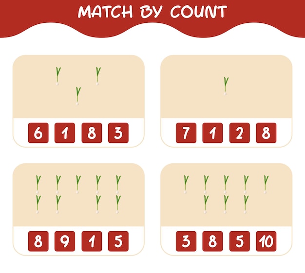 Match by count of cartoon spring onion. Match and count game. Educational game for pre shool years kids and toddlers