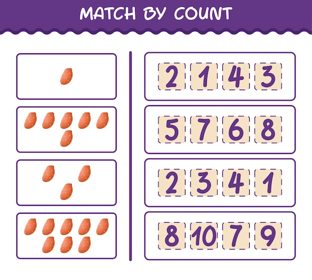 Match by count of cartoon sweet potato. Match and count game. Educational game for pre shool years kids and toddlers