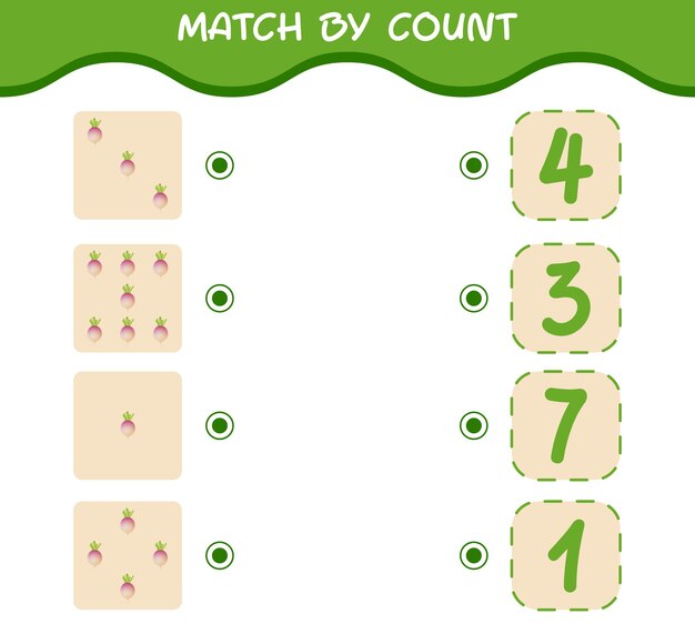 Match by count of cartoon turnip. Match and count game. Educational game for pre shool years kids and toddlers