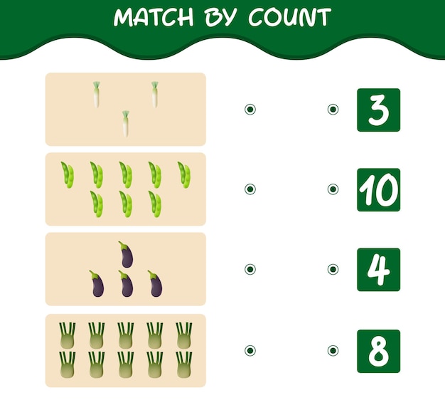 Match by count of cartoon vegetables. Match and count game. Educational game for pre shool years kids and toddlers