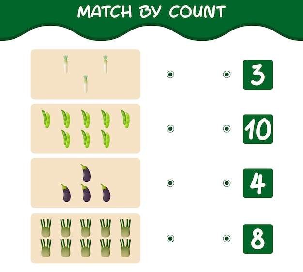 만화 야채의 수에 따라 일치합니다. 매치 앤 카운트 게임. 취학 전 아동 및 유아를 위한 교육 게임