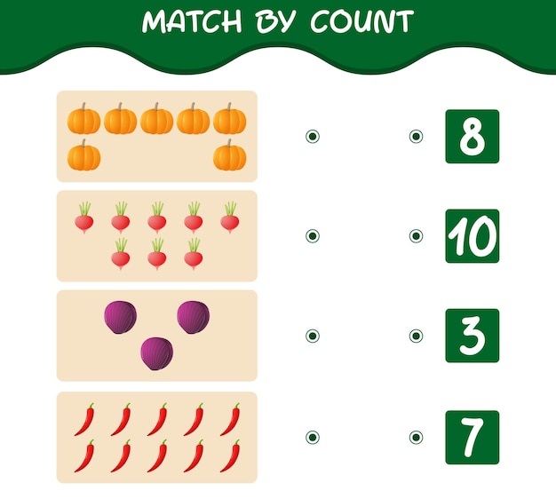 Match by count of cartoon vegetables. Match and count game. Educational game for pre shool years kids and toddlers