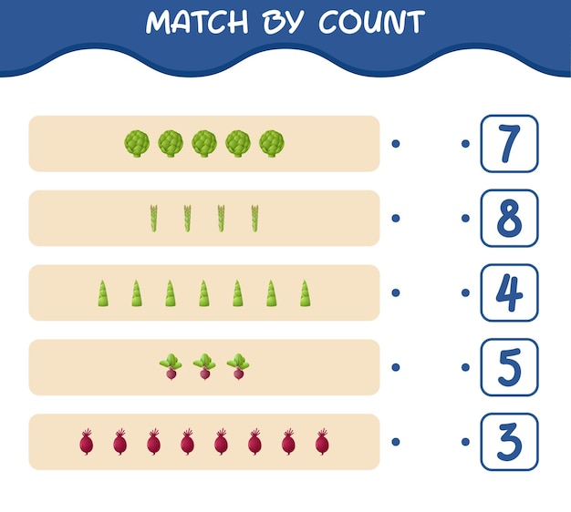 Match by count of cartoon vegetables. Match and count game. Educational game for pre shool years kids and toddlers