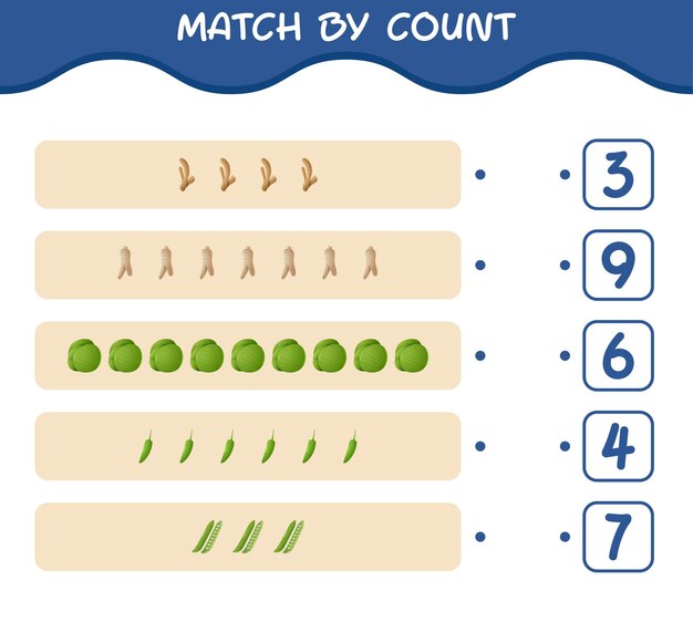 Match by count of cartoon vegetables. Match and count game. Educational game for pre shool years kids and toddlers