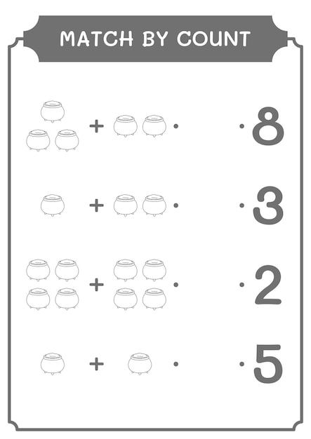 Match by count of cauldron game for children vector illustration printable worksheet