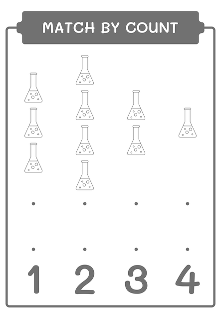 Abbina per conteggio del gioco di boccetta chimica per bambini foglio di lavoro stampabile con illustrazione vettoriale