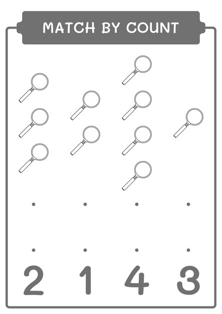 Abbina per conteggio del gioco della lente d'ingrandimento per bambini foglio di lavoro stampabile con illustrazione vettoriale