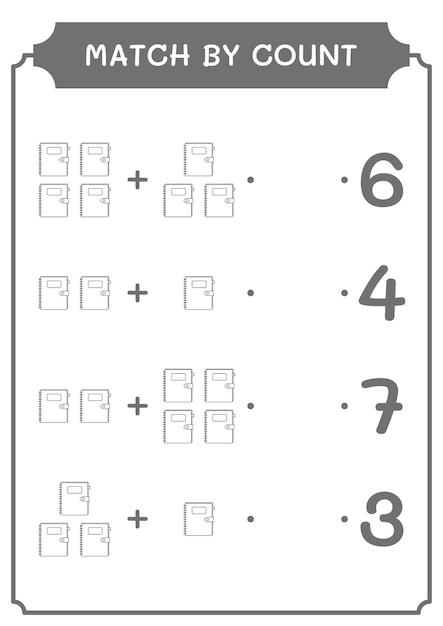 Abbina per conteggio del gioco notebook per bambini foglio di lavoro stampabile con illustrazione vettoriale