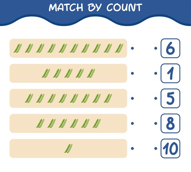 Вектор Совпадение по количеству мультяшного зеленого горошка. матч и счет игры. развивающая игра для детей дошкольного возраста и малышей