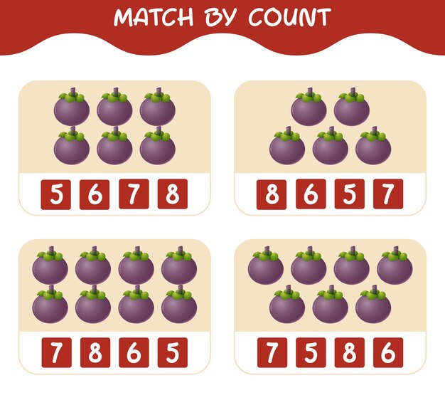 Match by count of cartoon mangosteens Match and count game Educatief spel voor pre-schooljaren kinderen en peuters