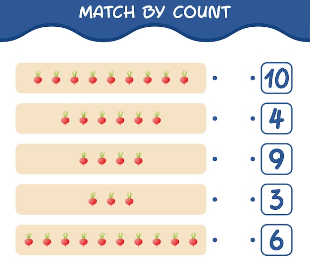 Совпадение по количеству мультяшной редьки. матч и счет игры. развивающая игра для детей дошкольного возраста и малышей