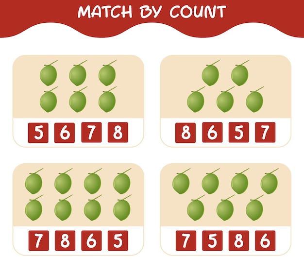 Match by count van cartoon kokosnoten Match and count game Educatief spel voor kinderen en peuters van voorschools jaar