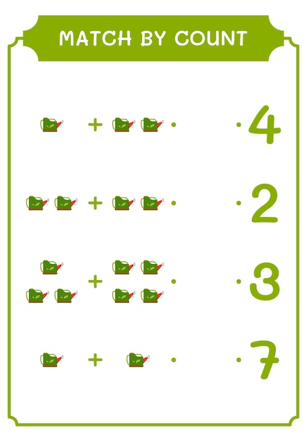 Match by count of watering can game for children vector illustration printable worksheet