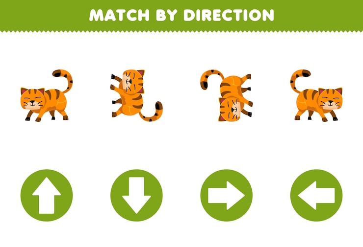 Vector match by direction left right up or down orientation of cute cat pet worksheet