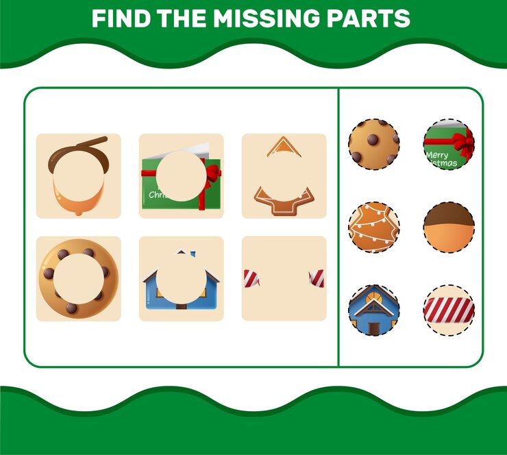 Vector match cartoon christmas parts. matching game. educational game for pre shool years kids and toddlers