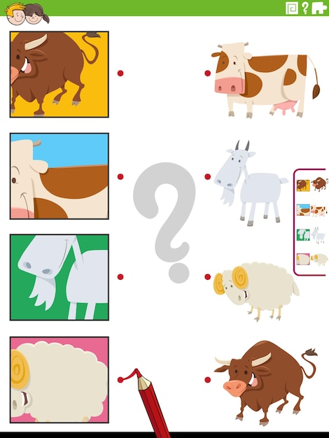 Match cartoon farm animals and clippings educational game