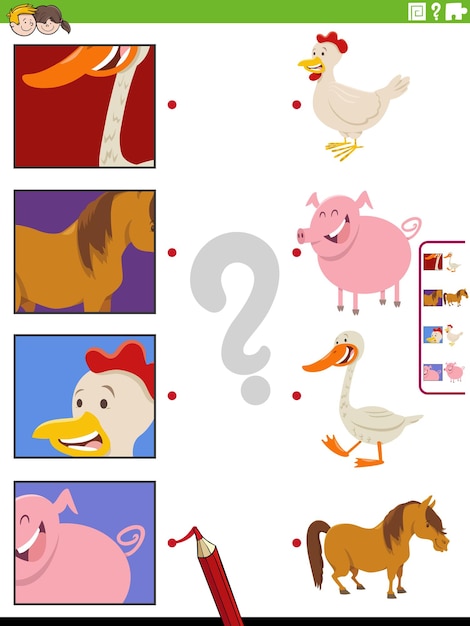 Match cartoon farm animals and clippings educational task