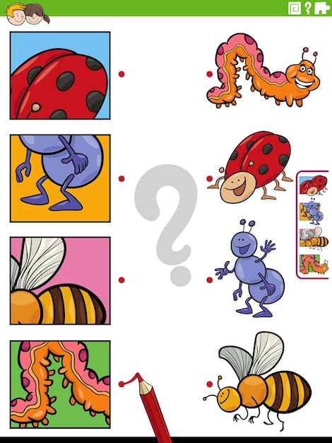 Match cartoon insecten dieren en knipsels educatief spel