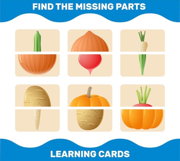 Vector match cartoon vegetables parts. matching game. educational game for pre shool years kids and toddlers