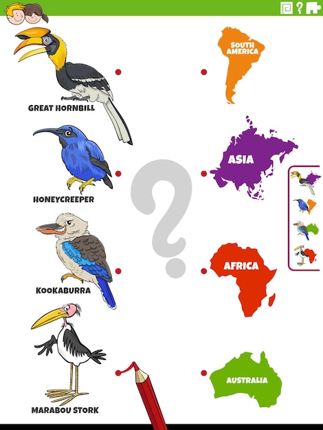 Match cartoon vogelsoorten en continenten educatieve taak