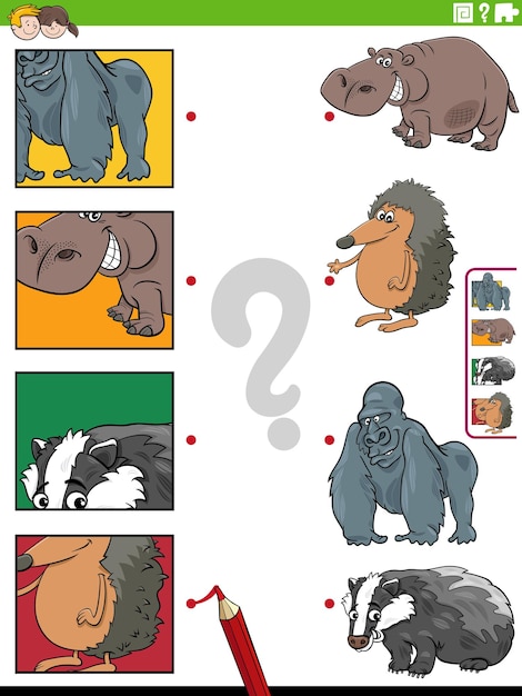 Match cartoon wilde dieren en knipsels educatief spel