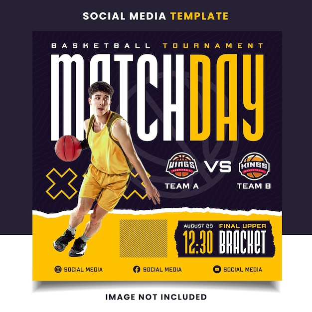 Vettore modello banner volantino torneo sportivo di basket del giorno della partita con logo per i social media