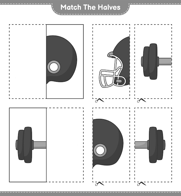 Match de helften. combineer de helften van de voetbalhelm en halter. educatief kinderspel, afdrukbaar werkblad, vectorillustratie